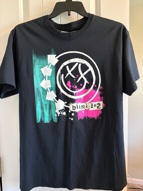 Blink 182 Black Graphic Logo Tee with Teal & Pink Accent